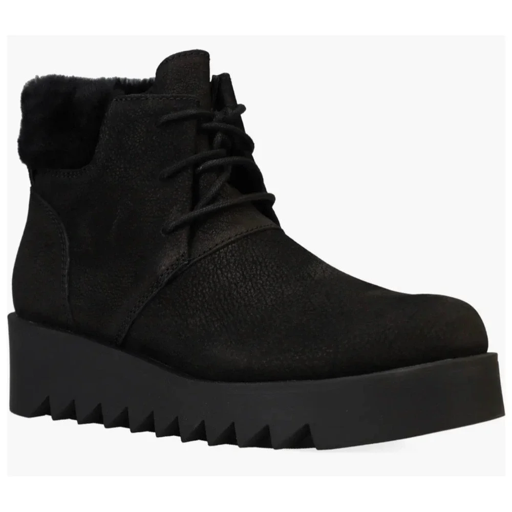 Eileen Fisher Black Nubuck Sheared Lamb Fur Trim Sawtooth Platform Boots 5.5 NEW